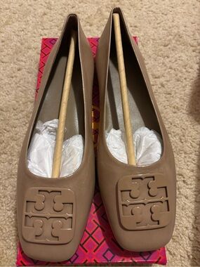 Tory Burch Taupe Leather Logo Ballet Flats